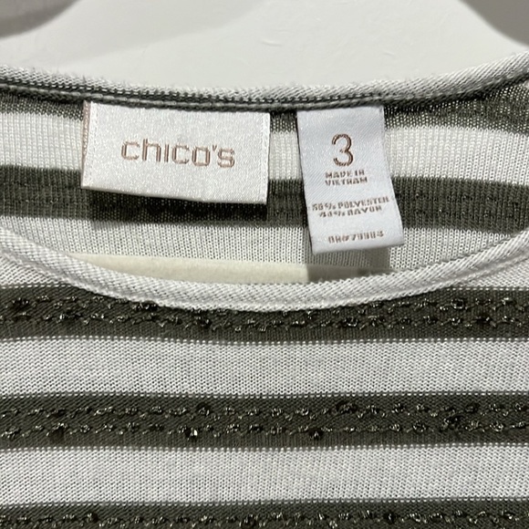 CHICOS OLIVE GREEN & WHITE STRIPED 3/4 SLEEVE TOP WITH BEADED DETAIL - Picture 2 of 4